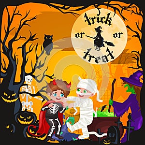 Cute colorful Halloween kids in costume for party set vector illustration