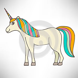 Cute colorful hand drawn full-length smiling unicorn in profile with thin line contour