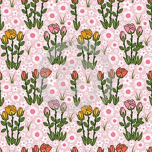 cute colorful hand drawn roses flowers and white daisy flowers seamless vector pattern illustration on pink background