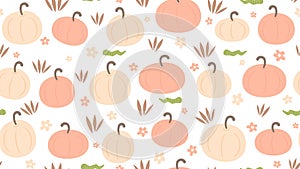 Cute colorful hand drawn seamless vector pattern background illustration with pastel pumpkins, worm, grass and daisy flowers