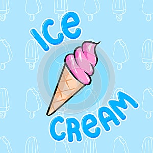 Cute colorful ice cream cone vector illustration in hand drawn graphic cartoon