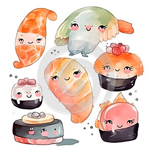 Cute and Colorful Kawaii Sushi Set A Delightful Watercolor Feast for the Eyes