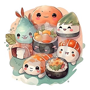 Cute and Colorful Kawaii Sushi Set A Delightful Watercolor Feast for the Eyes