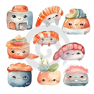 Cute and Colorful Kawaii Sushi Set A Delightful Watercolor Feast for the Eyes