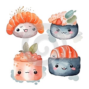 Cute and Colorful Kawaii Sushi Set A Delightful Watercolor Feast for the Eyes