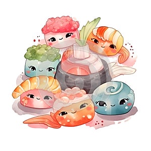 Cute and Colorful Kawaii Sushi Set A Delightful Watercolor Feast for the Eyes