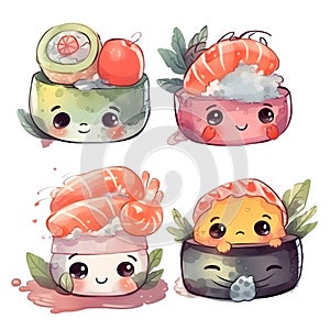 Cute and Colorful Kawaii Sushi Set A Delightful Watercolor Feast for the Eyes