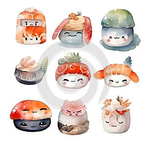 Cute and Colorful Kawaii Sushi Set A Delightful Watercolor Feast for the Eyes