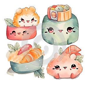 Cute and Colorful Kawaii Sushi Set A Delightful Watercolor Feast for the Eyes