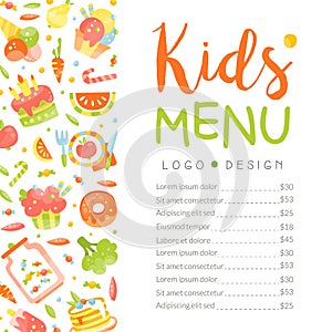 Cute colorful kids meal menu placemat. Healthy tasty dishes for children banner, placard, brochure cartoon vector