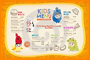 Cute colorful kids meal menu template