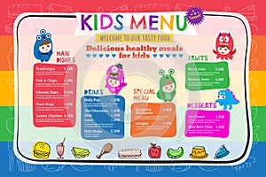 Cute colorful kids meal menu template