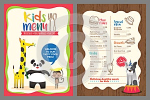 Cute colorful kids meal menu template with animals cartoon