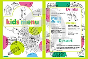 Cute colorful kids meal menu template with funny cartoon kitchen boy. Different types of dishes on a hand drawn grocery bac