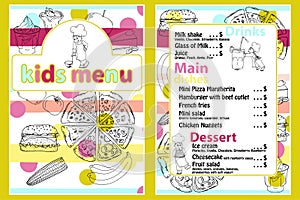 Cute colorful kids meal menu template with funny cartoon kitchen boy. Different types of dishes on a hand drawn grocery bac