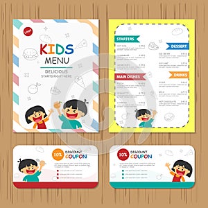 Cute colorful kids meal menu vector template with happy boy and