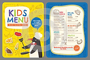 Cute colorful kids meal menu vector template with penguin cartoon