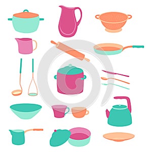 Cute colorful kitchen utensil set. Flat design