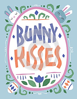 Cute colorful lettering card and poster design: Bunny kisses. Easter and spring festives typography illustration photo