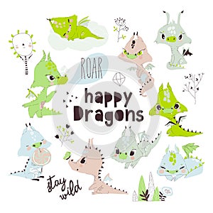 Cute Colorful Little Dragons Set, Adorable Fantastic Creatures, Fairy Tale Characters Cartoon Style