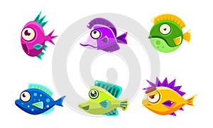 Cute Colorful Little Glossy Fishes Set, Funny Big Eyed Sea Animals Cartoon Characters Vector Illustration