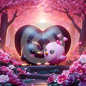 Cute colorful little lovebirds ,forest garden background. 3D rendering.