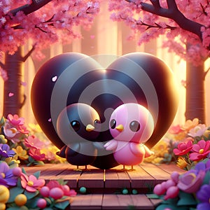 Cute colorful little lovebirds ,forest garden background. 3D rendering.