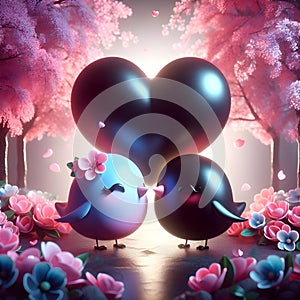 Cute colorful little lovebirds ,forest garden background. 3D rendering.