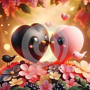 Cute colorful little lovebirds ,forest garden background. 3D rendering.