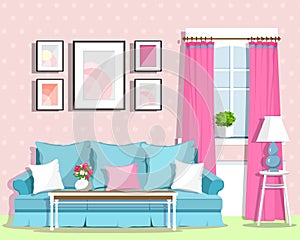 Cute colorful living room interior design with furniture. Retro style room.