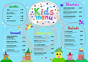 Cute colorful meal kids menu template with cute little sweet houses