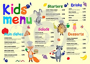 Cute colorful meal kids menu template with cute little sweet houses