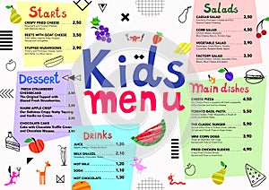 Cute colorful meal kids menu template with cute monsters, fruits, geometric elements.