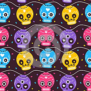 Cute colorful mexican dia de los muertos holiday seamless vector pattern background illustration with skulls and confetti