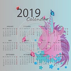 Cute colorful monthly calendar 2019 year concept with unicorn and butterflies.