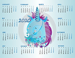 Cute colorful monthly calendar 2020 year concept with unicorn, pony