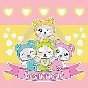 Cute colorful panda girls on love background suitable for kid friendship card design