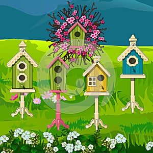 Cute colorful poster with the image of wooden birdhouses. Vector cartoon close-up illustration.
