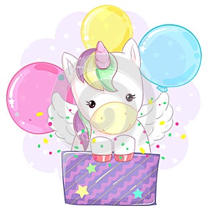 Cute colorful rainbow unicorn in a gift box against the background of balloons. Birthday gift.