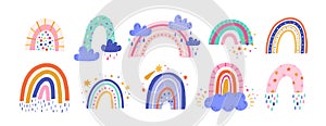 Cute colorful rainbows set. Childish flat vector illustrations collection. Weather forecast, meteorology. Rainy clouds