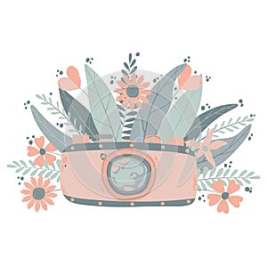 Cute colorful retro photo camera with fllowers in flat cartoon style. Vector hand drawn camera with floral illustration