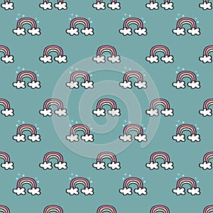 Cute colorful rows of hand drawn little rainbows with white clouds pattern on teal