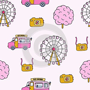 Cute colorful seamless pattern with amusement park