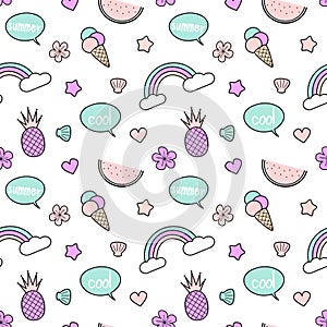 Cute colorful seamless pattern background illustration with pineapples, rainbow, speech bubble, ice cream, stars, hearts, s