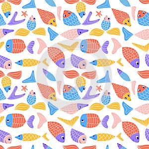 Cute colorful seamless pattern with cute doodle fish. Funny kids naive abstract aquarium background. Zentangle patterned sardines