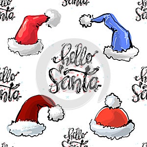 Cute colorful Seamless pattern of Santa s hats vector illustration with Hello Santa lettering