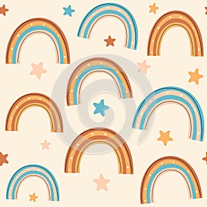 Cute colorful seamless vector pattern background illustration with abstract modern rainbows and stars