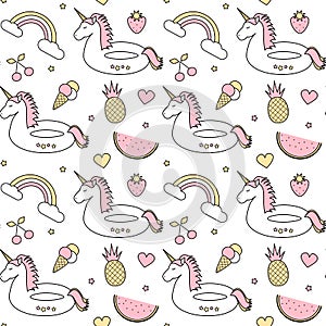 Cute colorful seamless vector pattern background illustration with float unicorn, rainbow, ice cream, pineapple, cherry, strawberr