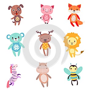 Cute colorful soft plush animal toys set of vector Illustrations