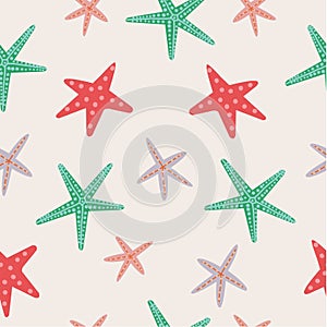 Cute colorful starfish hand drawn illustration seamless patterm  on beige background